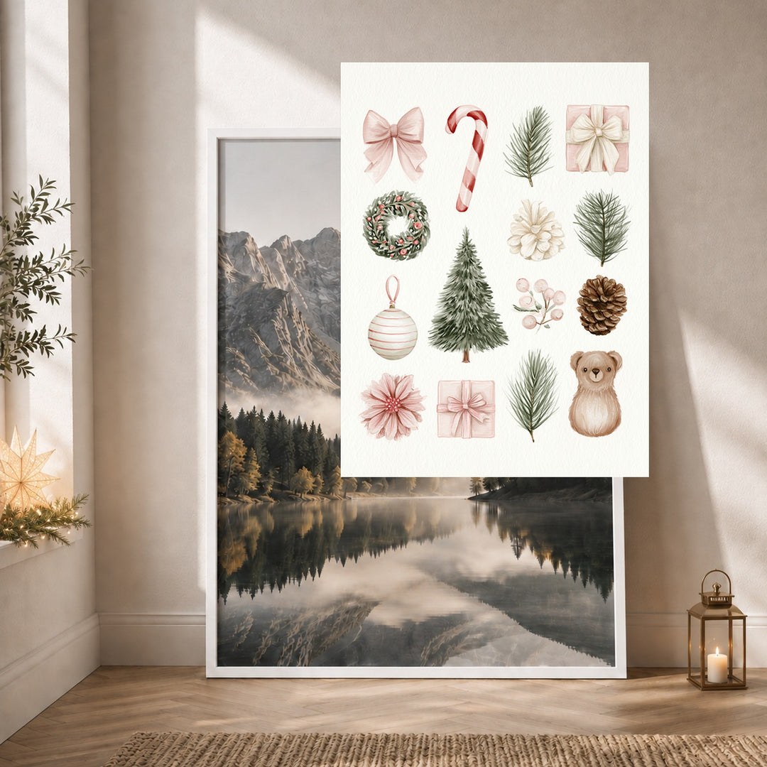 Aquarell Weihnachtssammlung Poster – Weißer Rahmen – Produktfoto