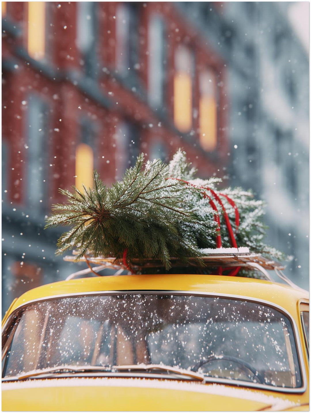 Weihnachtsbaum auf gelbem Wagen Leinwandbild – Ohne Rahmen – Produktfoto