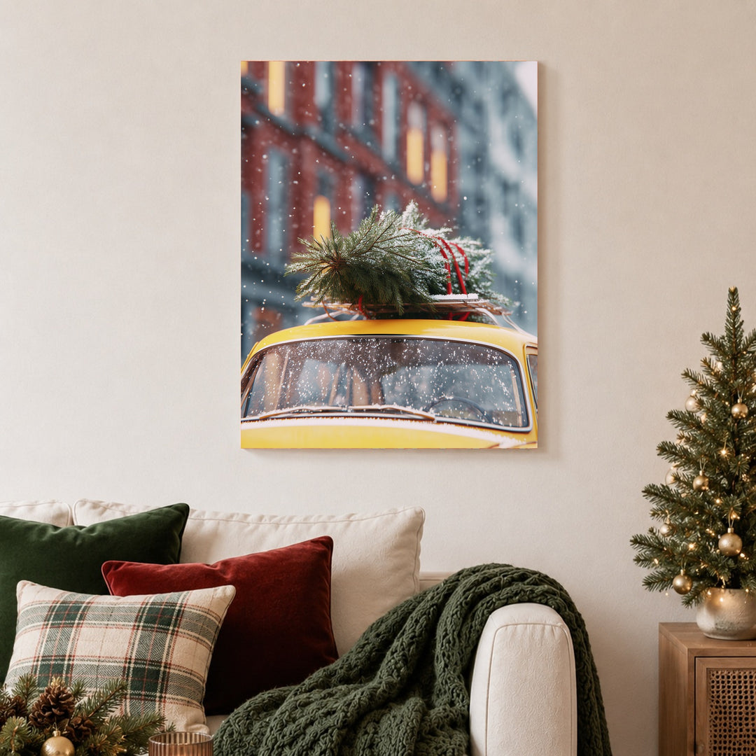 Weihnachtsbaum auf gelbem Wagen Poster – Ohne Rahmen – Produktfoto