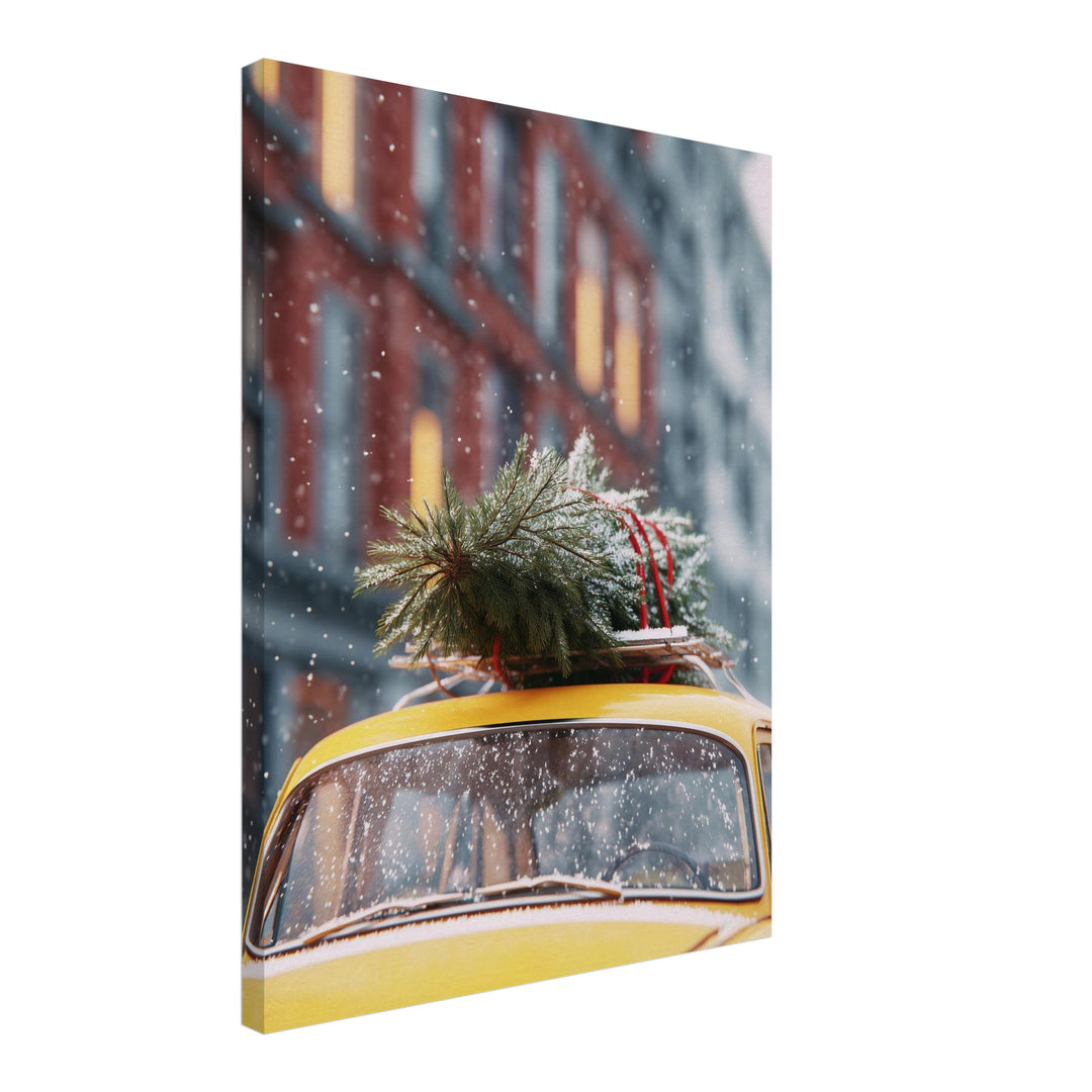 Weihnachtsbaum auf gelbem Wagen Leinwandbild – Schräge Ansicht – Produktfoto