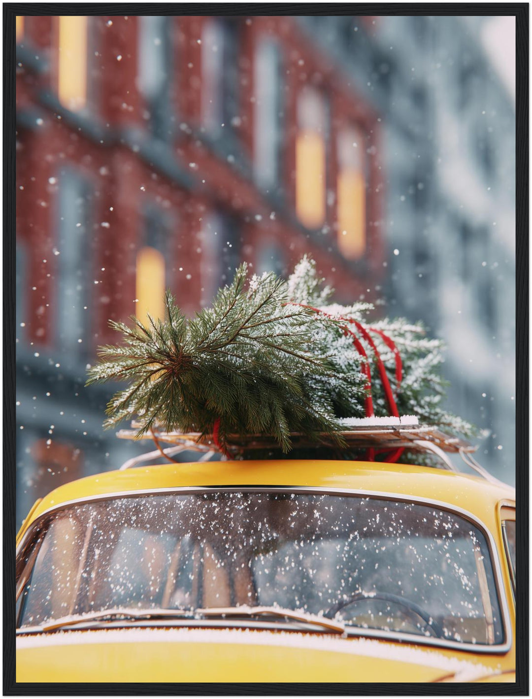 Weihnachtsbaum auf gelbem Wagen Poster – Schwarzer Rahmen – Produktfoto