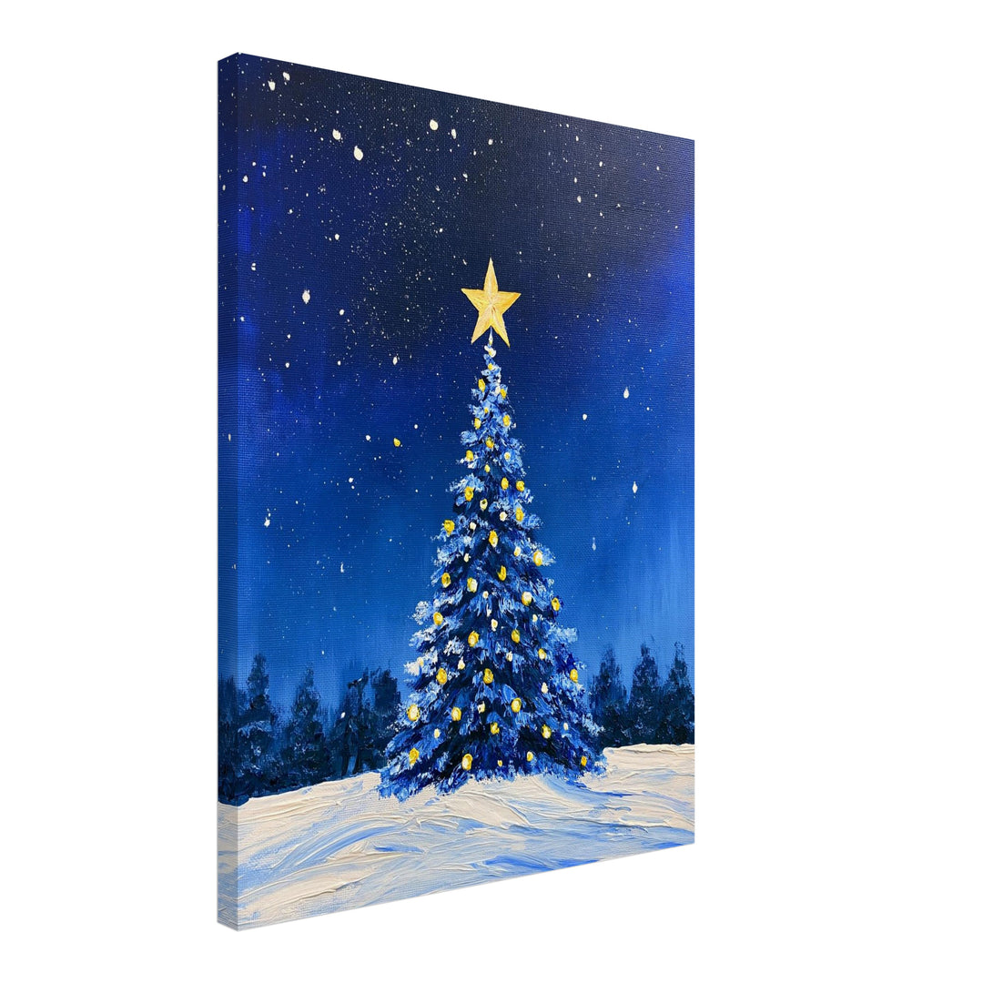 Blauer Weihnachtsbaum im Schnee Leinwandbild – Schräge Ansicht – Produktfoto