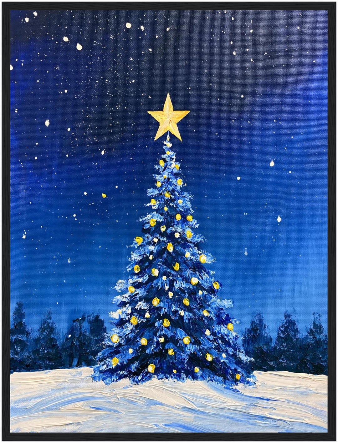 Blauer Weihnachtsbaum im Schnee Poster – Schwarzer Rahmen – Produktfoto