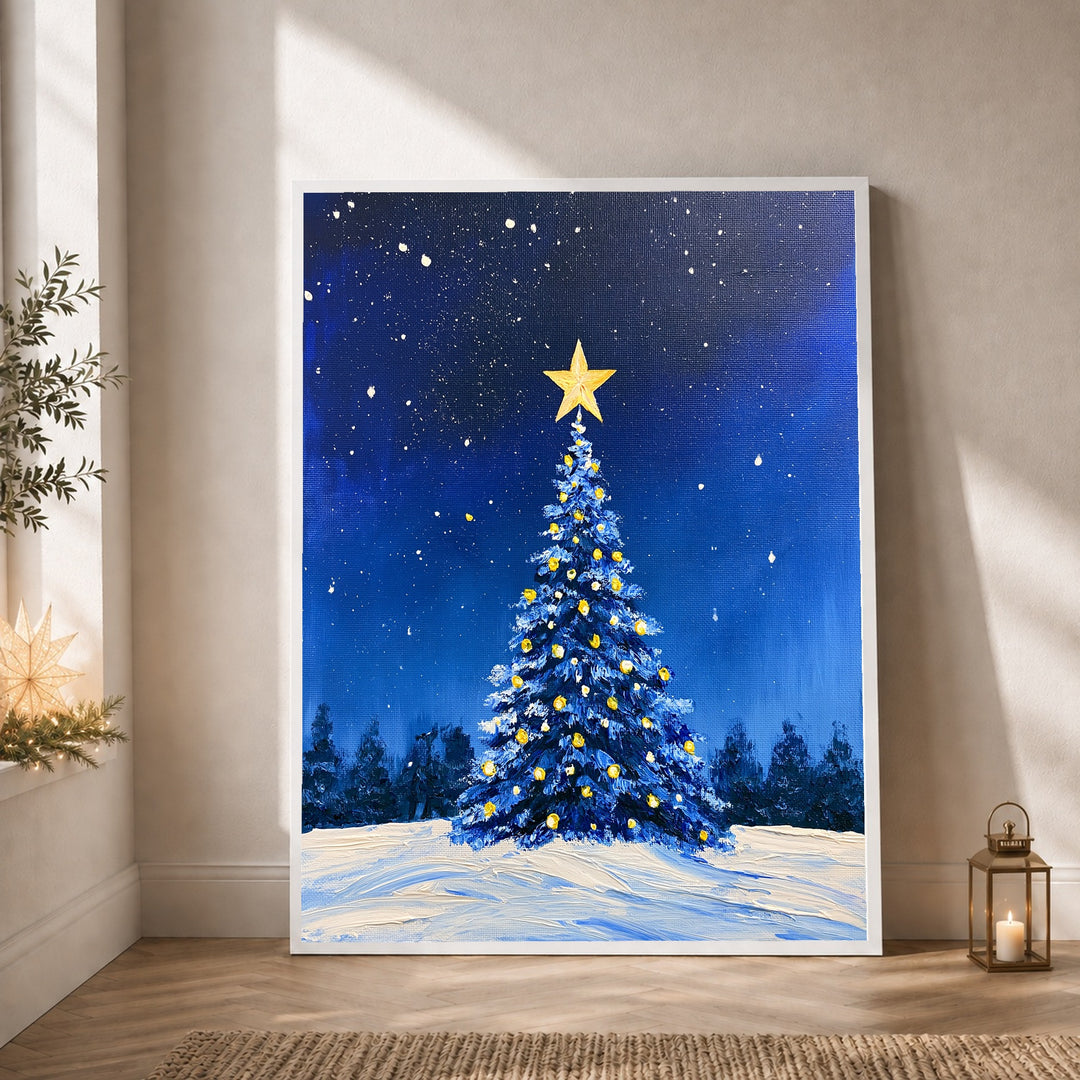 Blauer Weihnachtsbaum im Schnee Poster