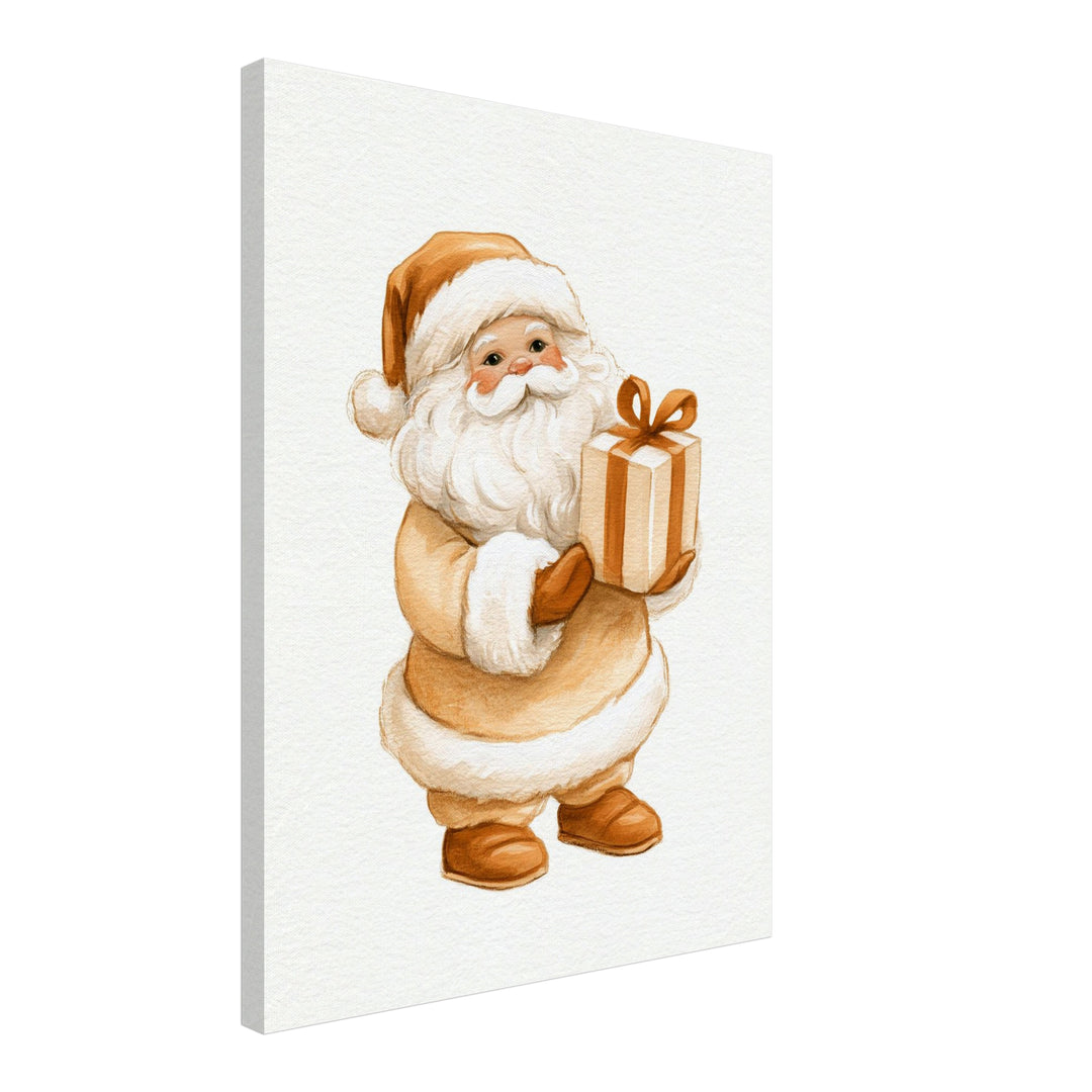 Weihnachtsmann mit Geschenk Leinwandbild – Schräge Ansicht – Produktfoto