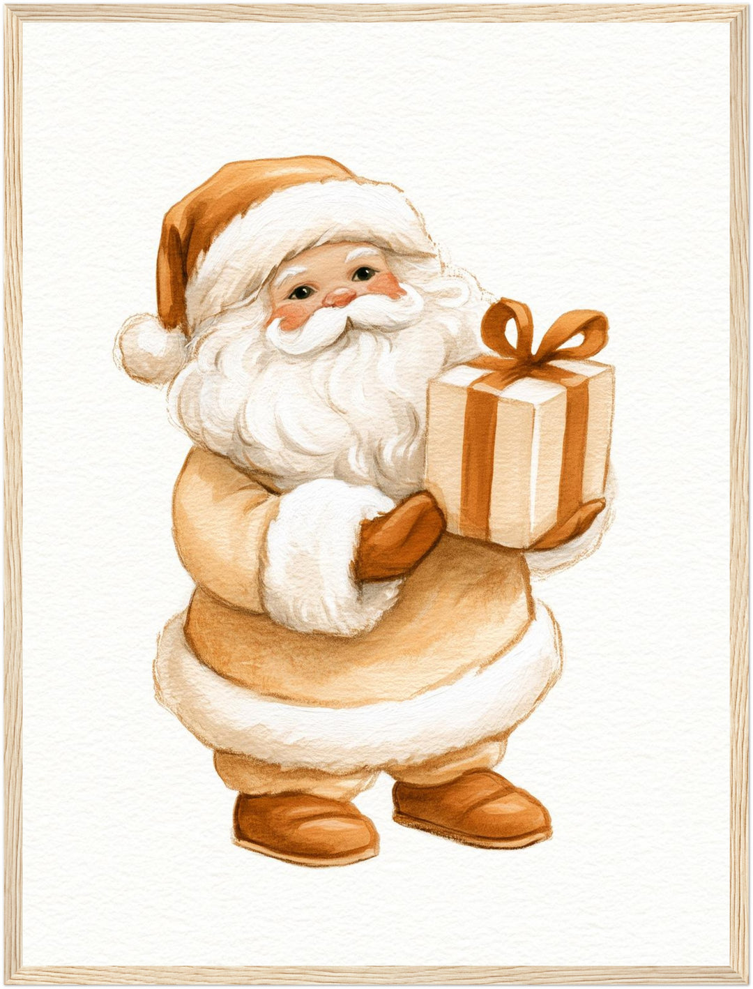 Weihnachtsmann mit Geschenk Poster – Holz natur Rahmen – Produktfoto