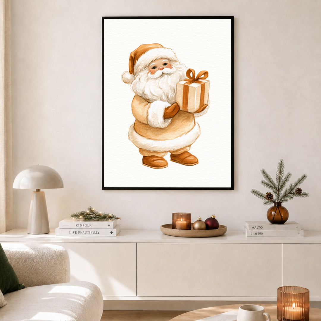 Weihnachtsmann mit Geschenk Poster – Schwarzer Rahmen – Produktfoto