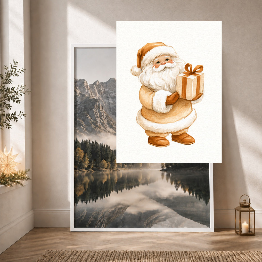 Weihnachtsmann mit Geschenk Poster – Weißer Rahmen – Produktfoto