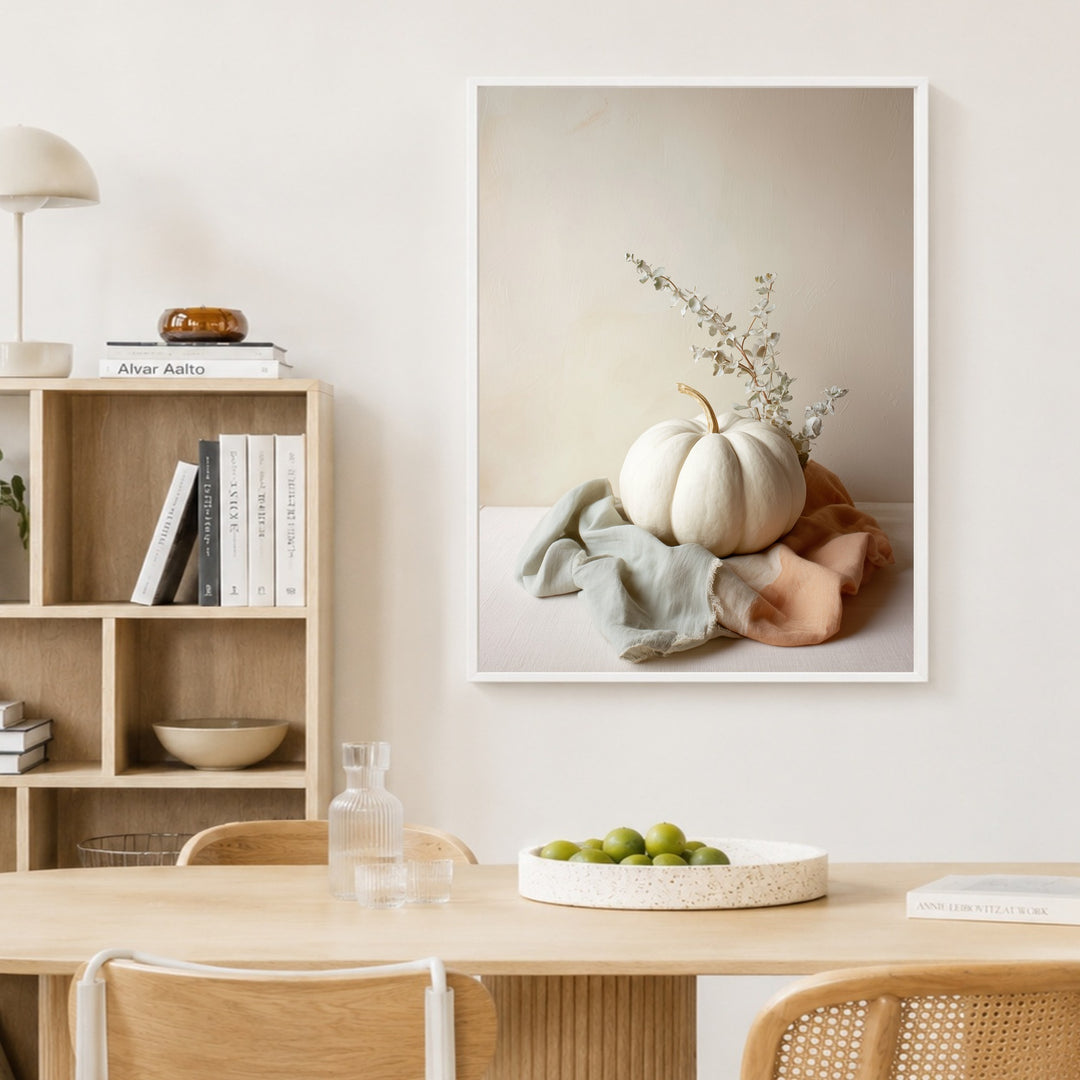 Weißer Kürbis im Herbst Poster – Weißer Rahmen – Produktfoto