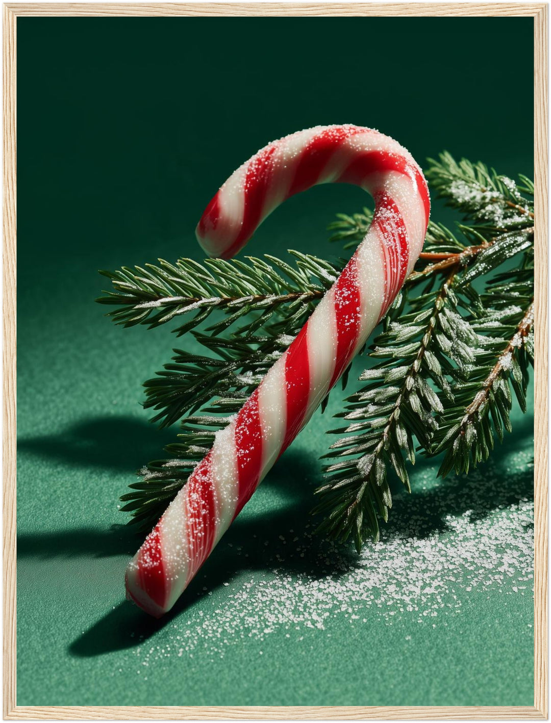 Zuckerstange auf grünem Hintergrund Poster – Holz natur Rahmen – Produktfoto