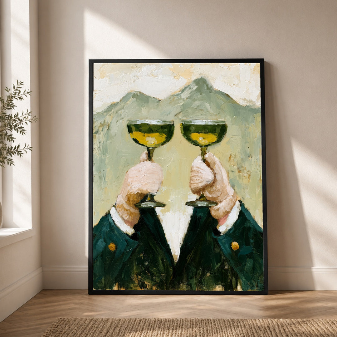 Anstoß mit grünen Coupes Poster – Schwarzer Rahmen – Produktfoto