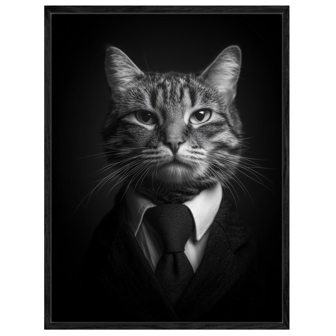 Katze im Anzug schwarz weiß Leinwandbild abstrakt – Leinwand auf Holzrahmen – Ansicht 4