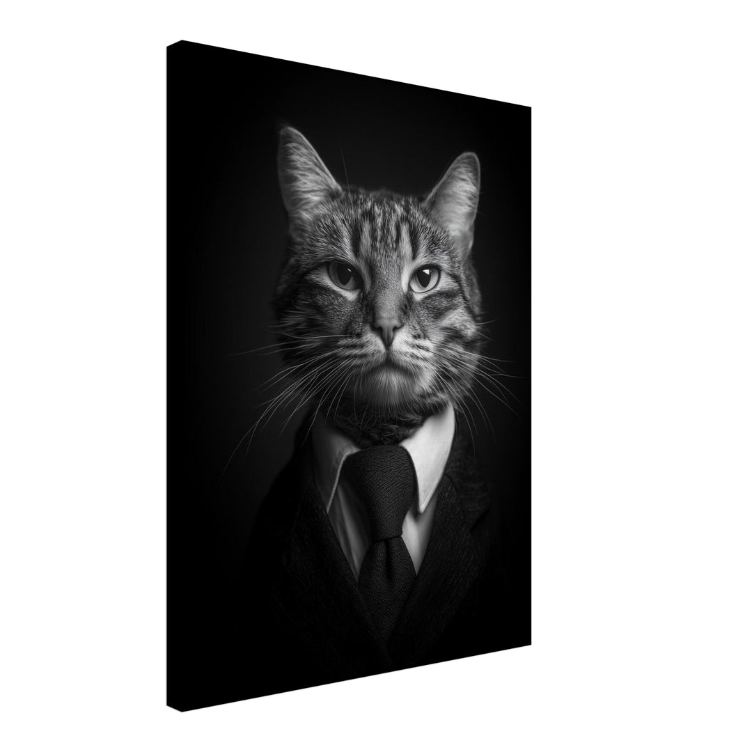 Katze im Anzug schwarz weiß Leinwandbild abstrakt – Leinwand auf Holzrahmen – Ansicht 2
