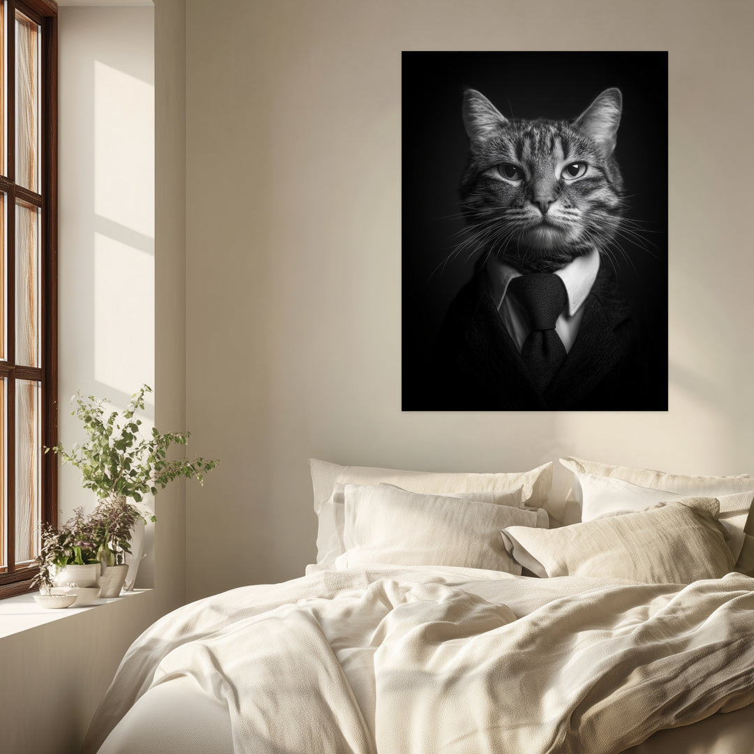Katze im Anzug schwarz weiß Leinwandbild abstrakt – Leinwand auf Holzrahmen – Ansicht 3