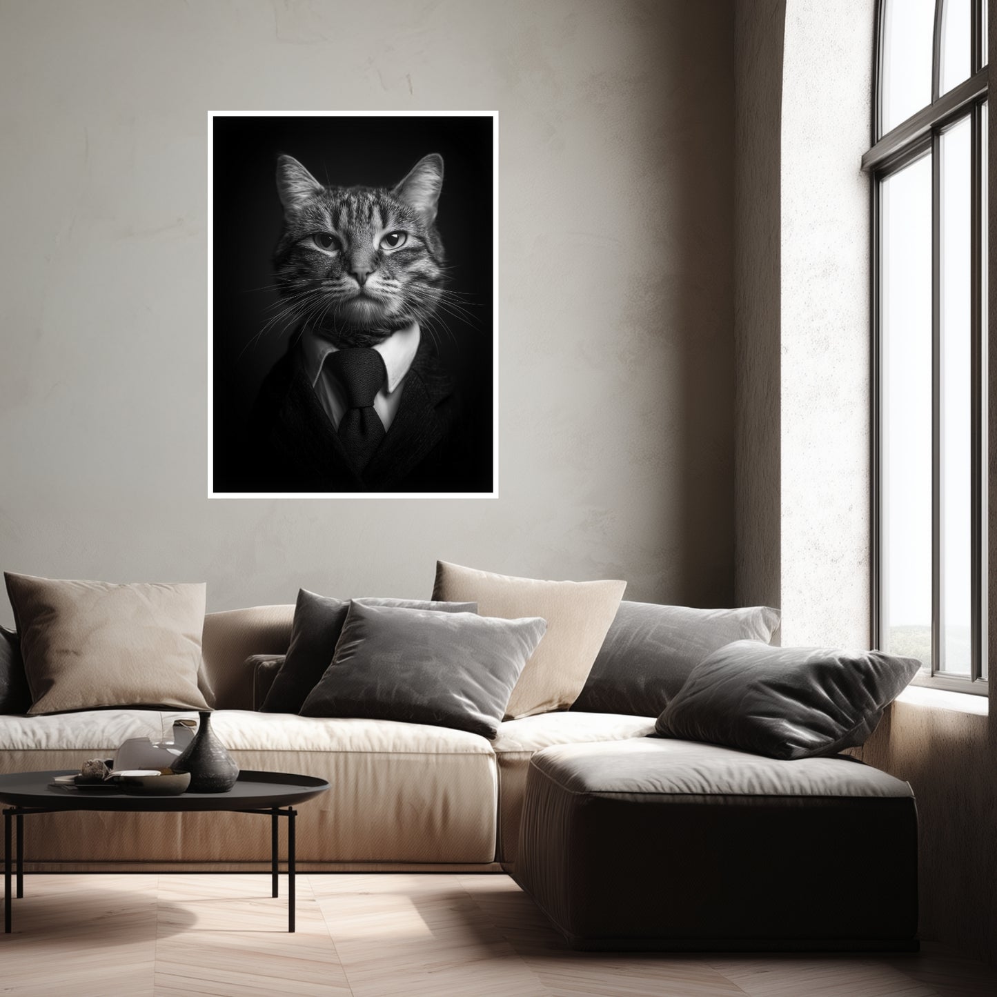 Katze im Anzug Schwarz Weiß Poster