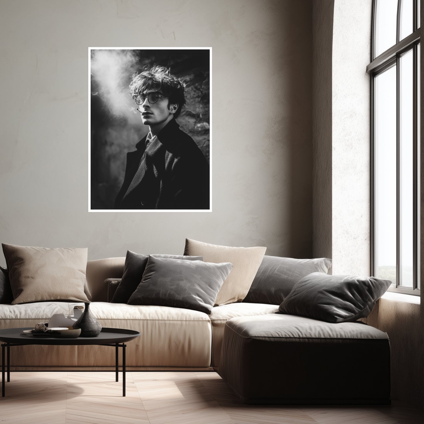 Männerporträt mit Rauch Schwarz Weiß Poster