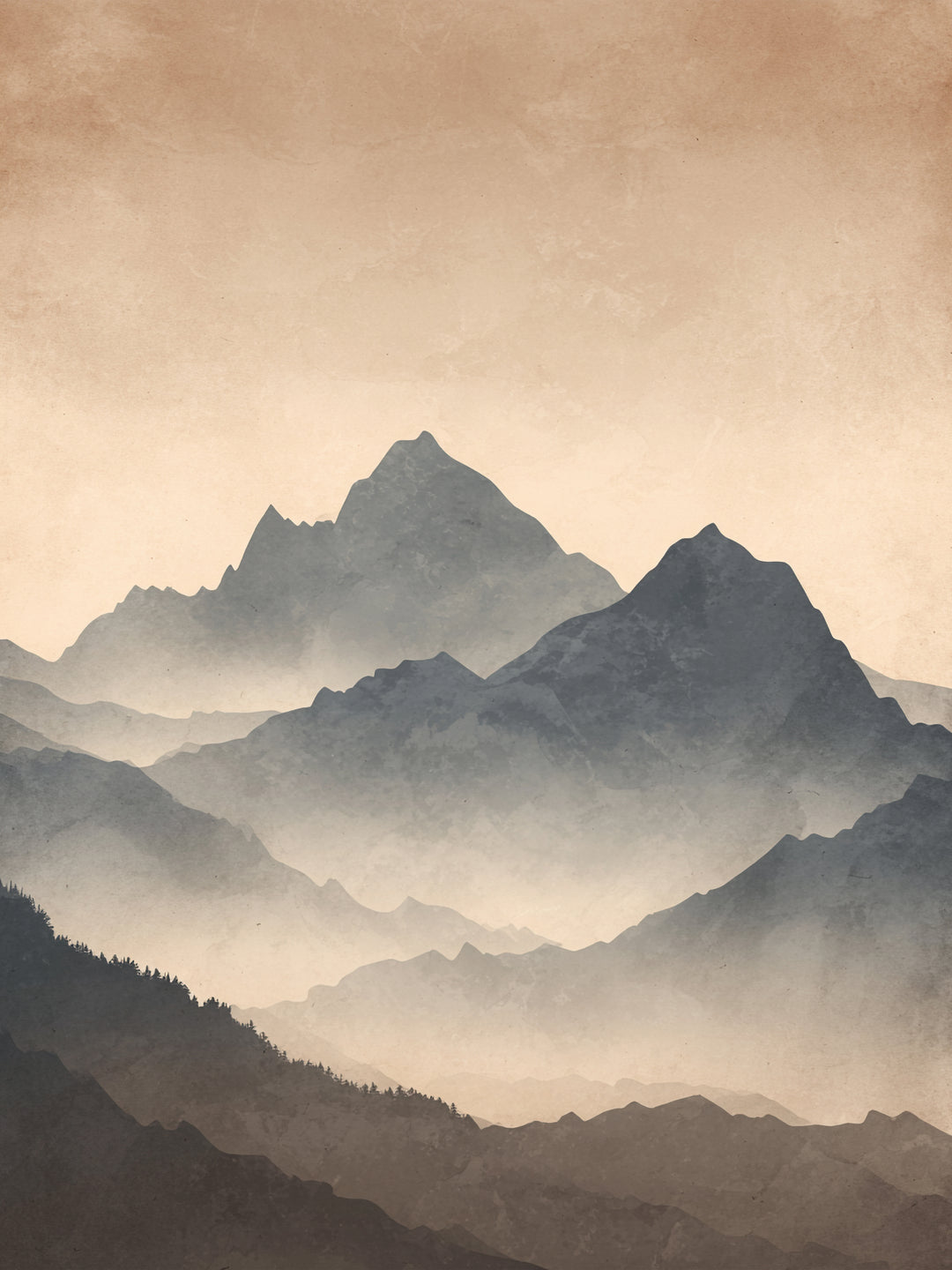 Vernebelte Bergsilhouette Japandi – Wandkunst