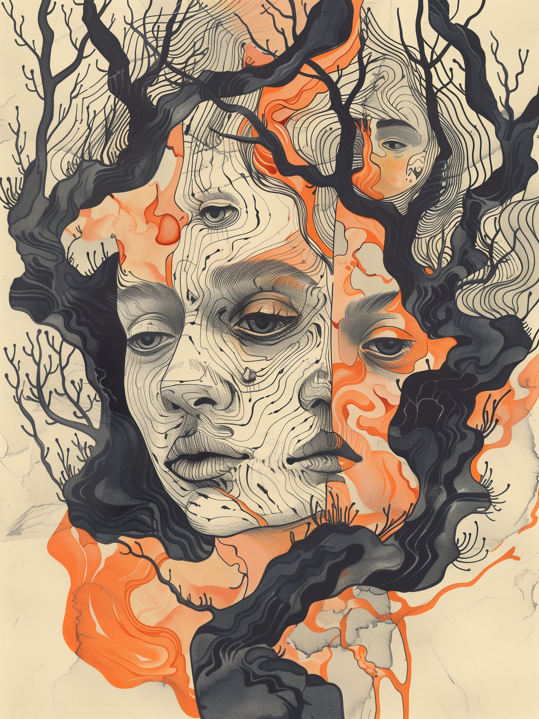 Verwobenes Baumgesicht Psychedelic – Wandkunst
