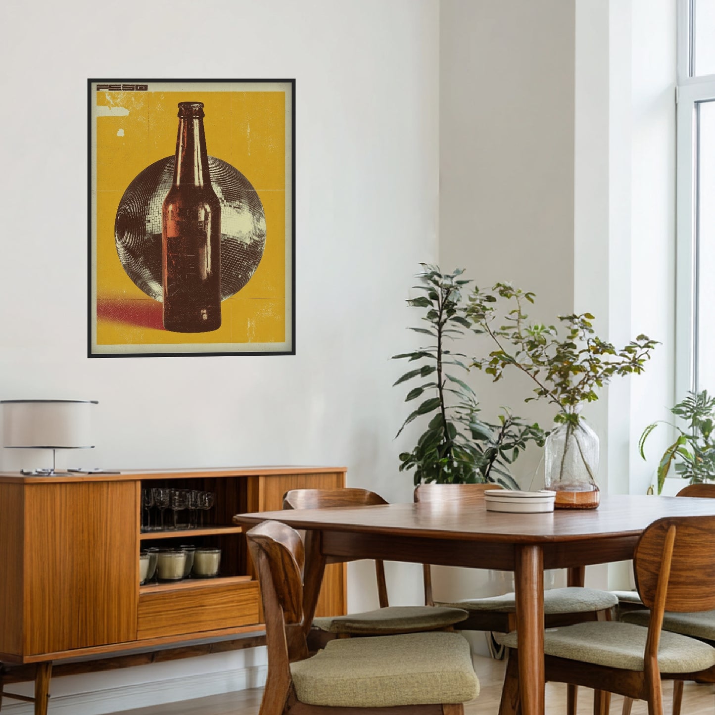 Bierflasche vor Discokugel Poster