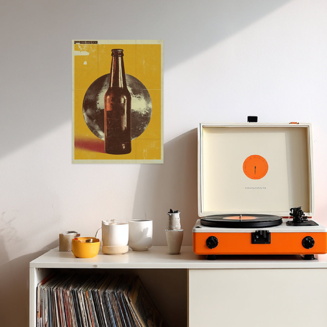 Bierflasche vor Discokugel Leinwandbild Vintage – Leinwand auf Holzrahmen – Ansicht 2