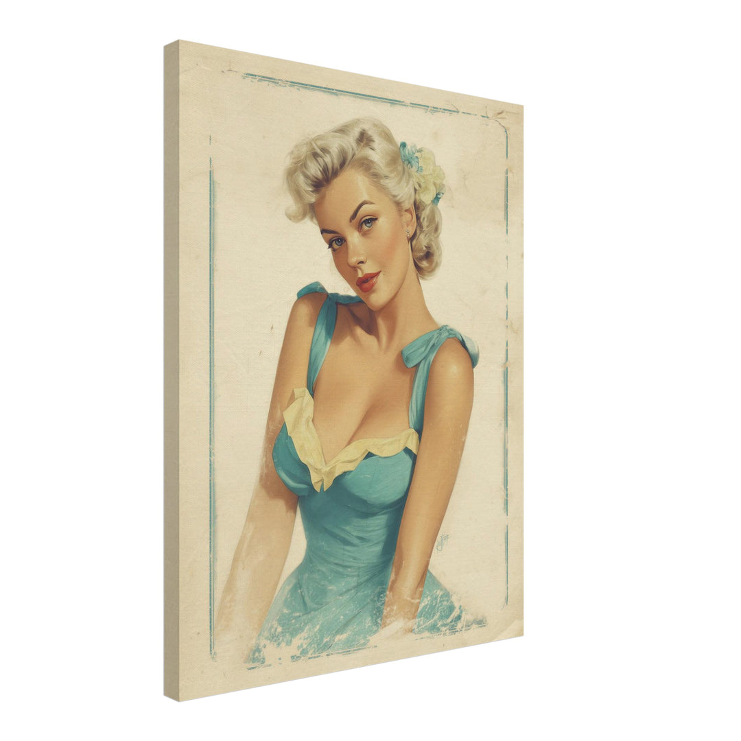 Blonde Frau im Sommerkleid Leinwandbild abstrakt – Leinwand auf Holzrahmen – Ansicht 2