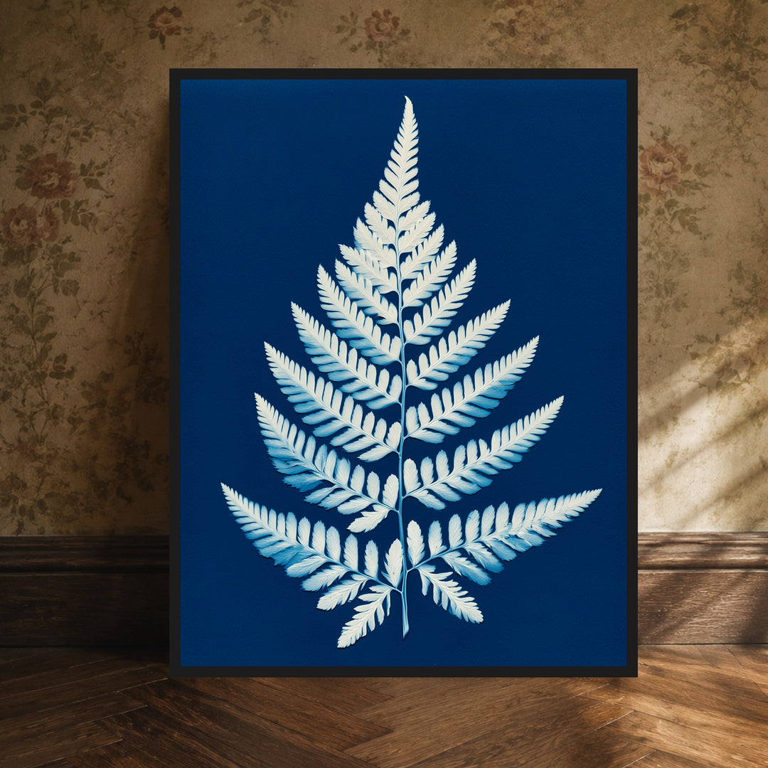 Farn Cyanotypie blau Poster – Schwarzer Rahmen – Produktfoto