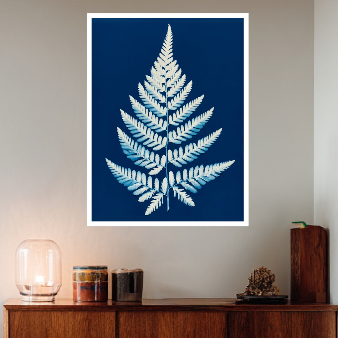 Farn Cyanotypie blau Poster – Weißer Rahmen – Produktfoto