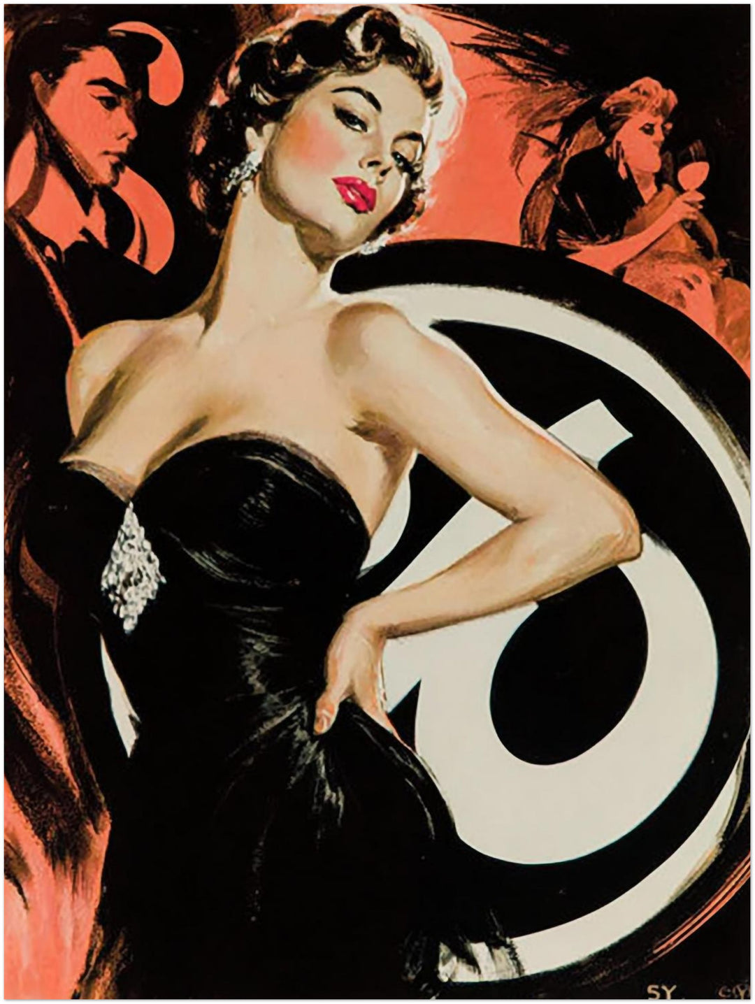 Frau im schwarzen Kleid Vintage – Wandkunst