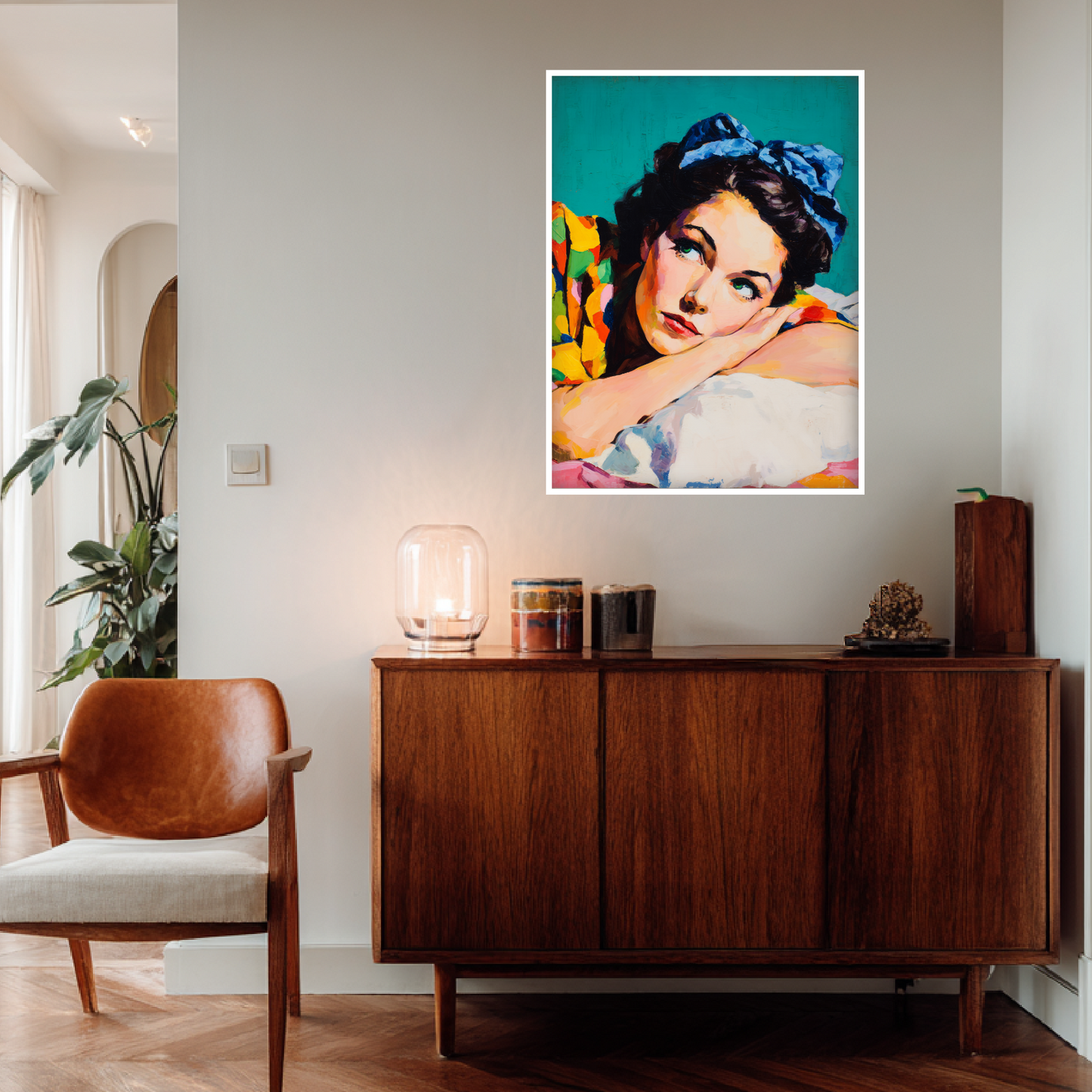 Frau mit blauem Haarband Poster