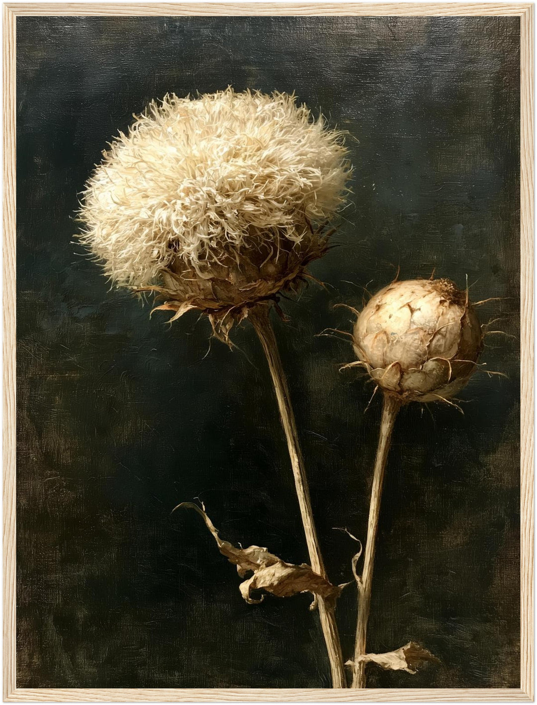 Verwelkte Distel im Dunkel Poster – Holz natur Rahmen – Produktfoto