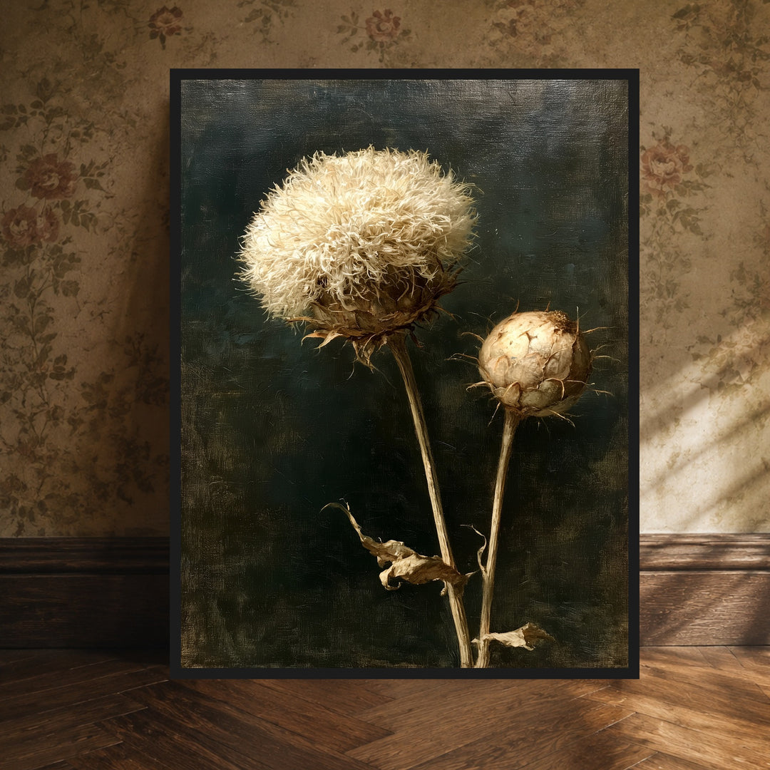 Verwelkte Distel im Dunkel Poster – Schwarzer Rahmen – Produktfoto