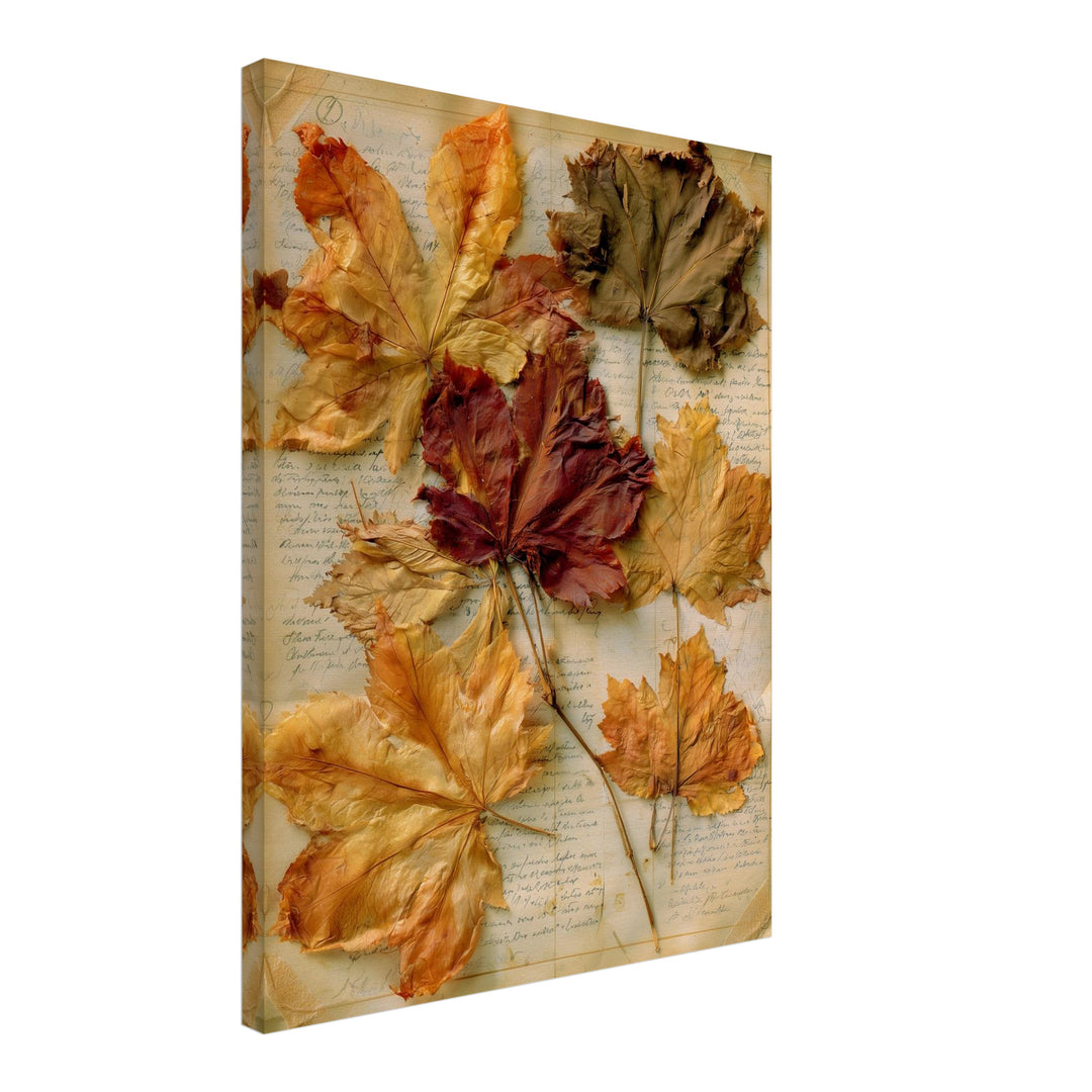 Herbstblätter auf altem Papier Leinwandbild – Schräge Ansicht – Produktfoto