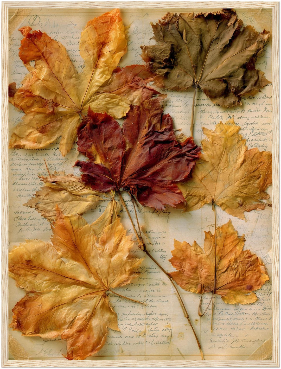 Herbstblätter auf altem Papier Poster – Holz natur Rahmen – Produktfoto