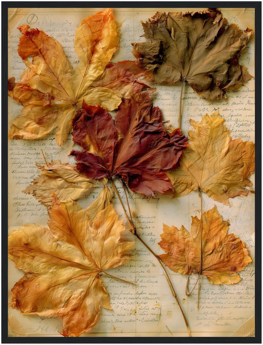 Herbstblätter auf altem Papier Poster – Schwarzer Rahmen – Produktfoto