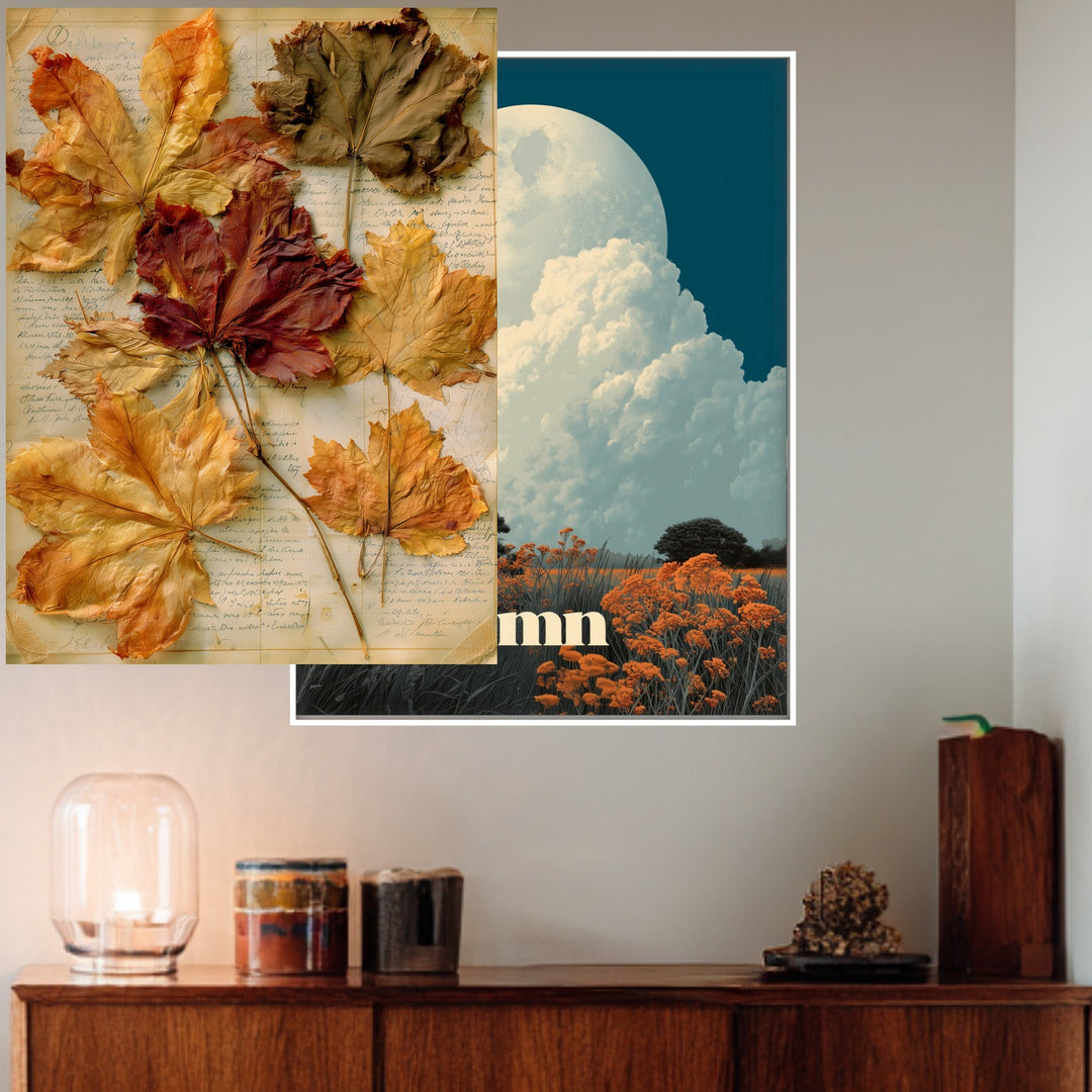 Herbstblätter auf altem Papier Poster – Weißer Rahmen – Produktfoto