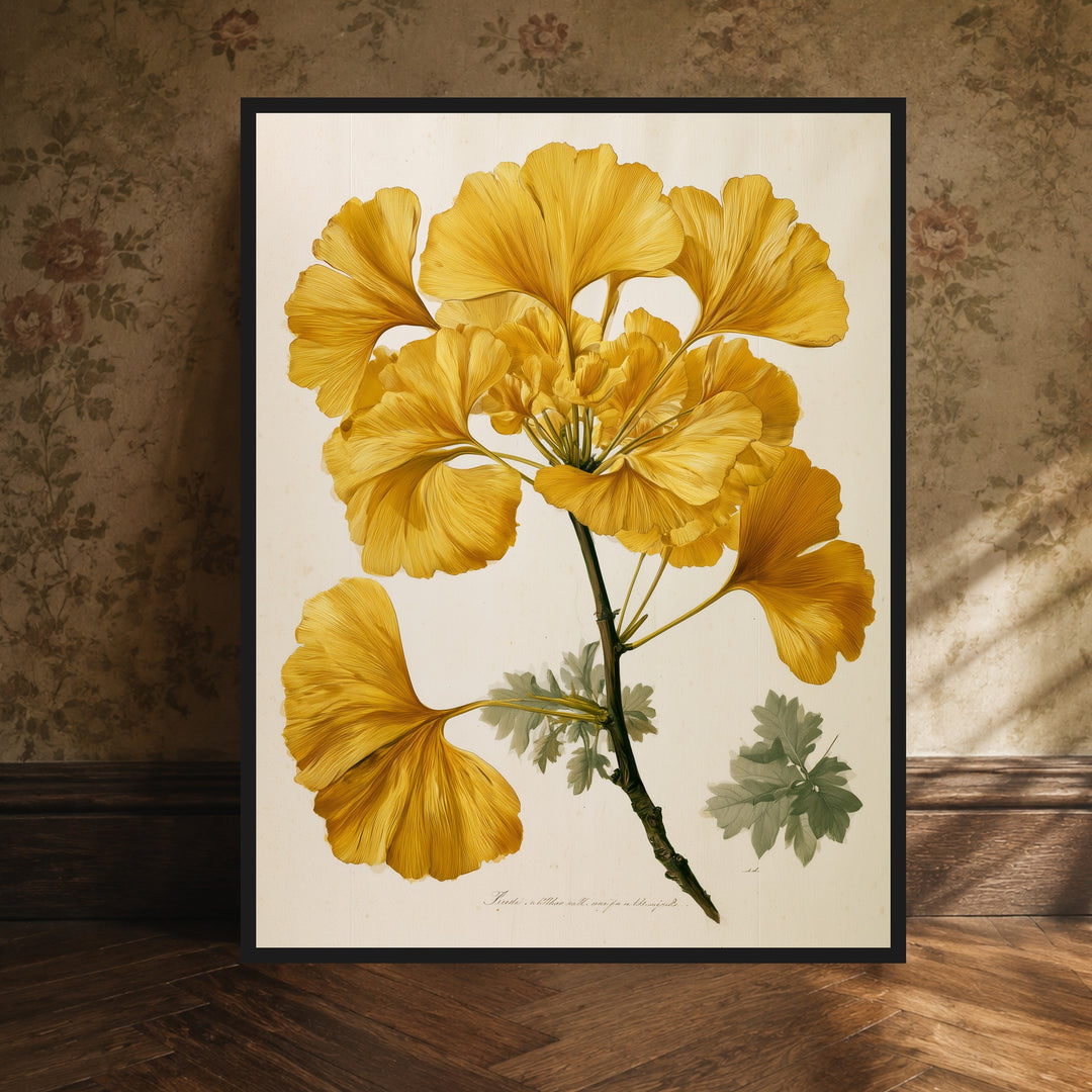 Goldene Ginkgo Botanik Poster – Schwarzer Rahmen – Produktfoto