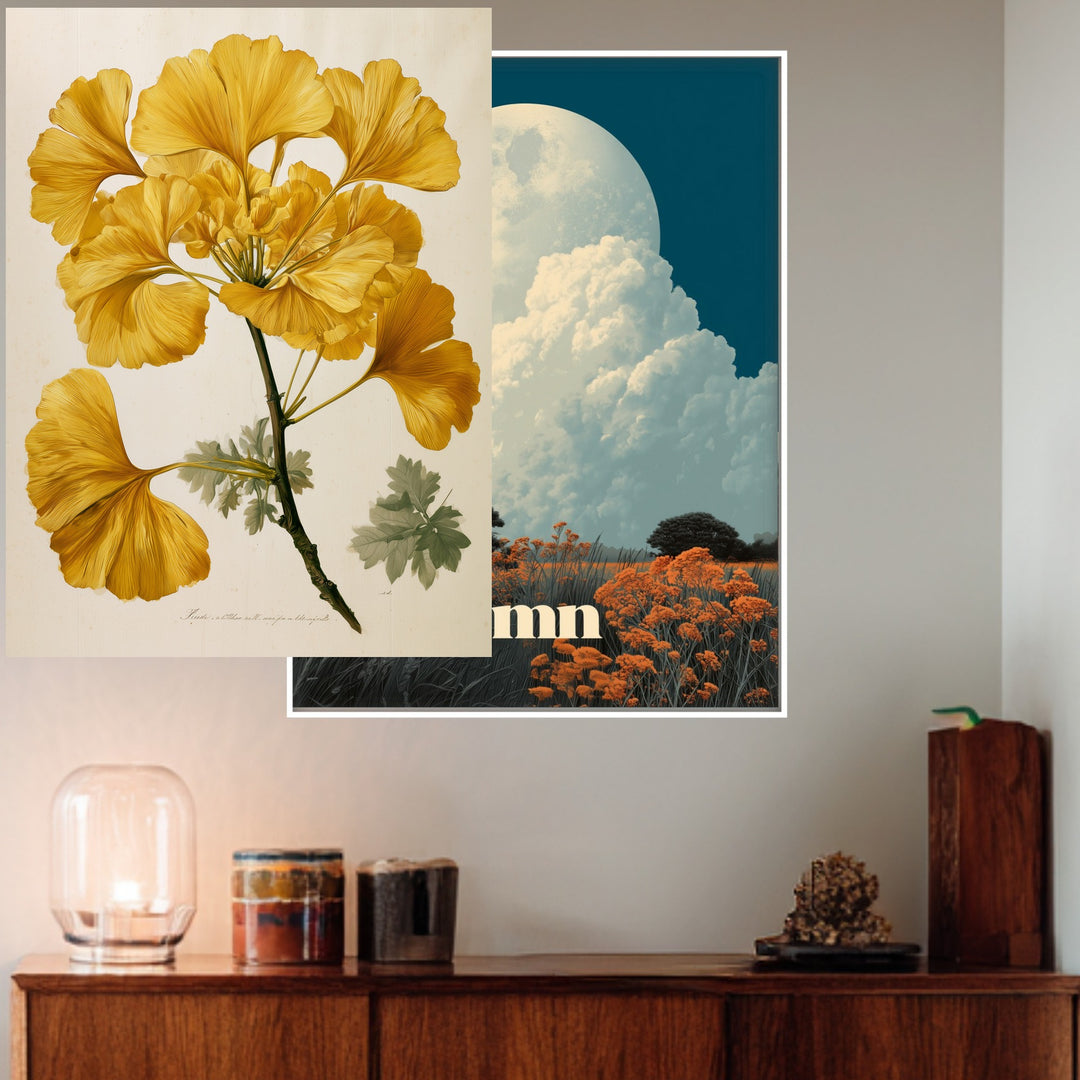 Goldene Ginkgo Botanik Poster – Weißer Rahmen – Produktfoto