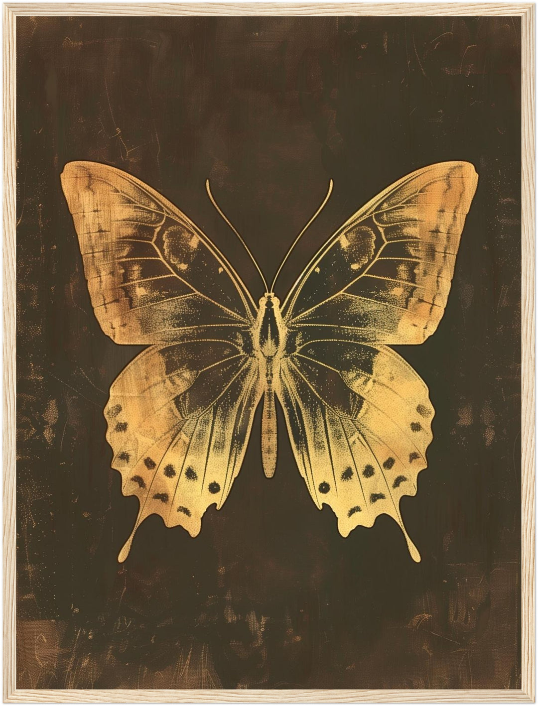 Goldener Schmetterling Vintage Poster – Holz natur Rahmen – Produktfoto