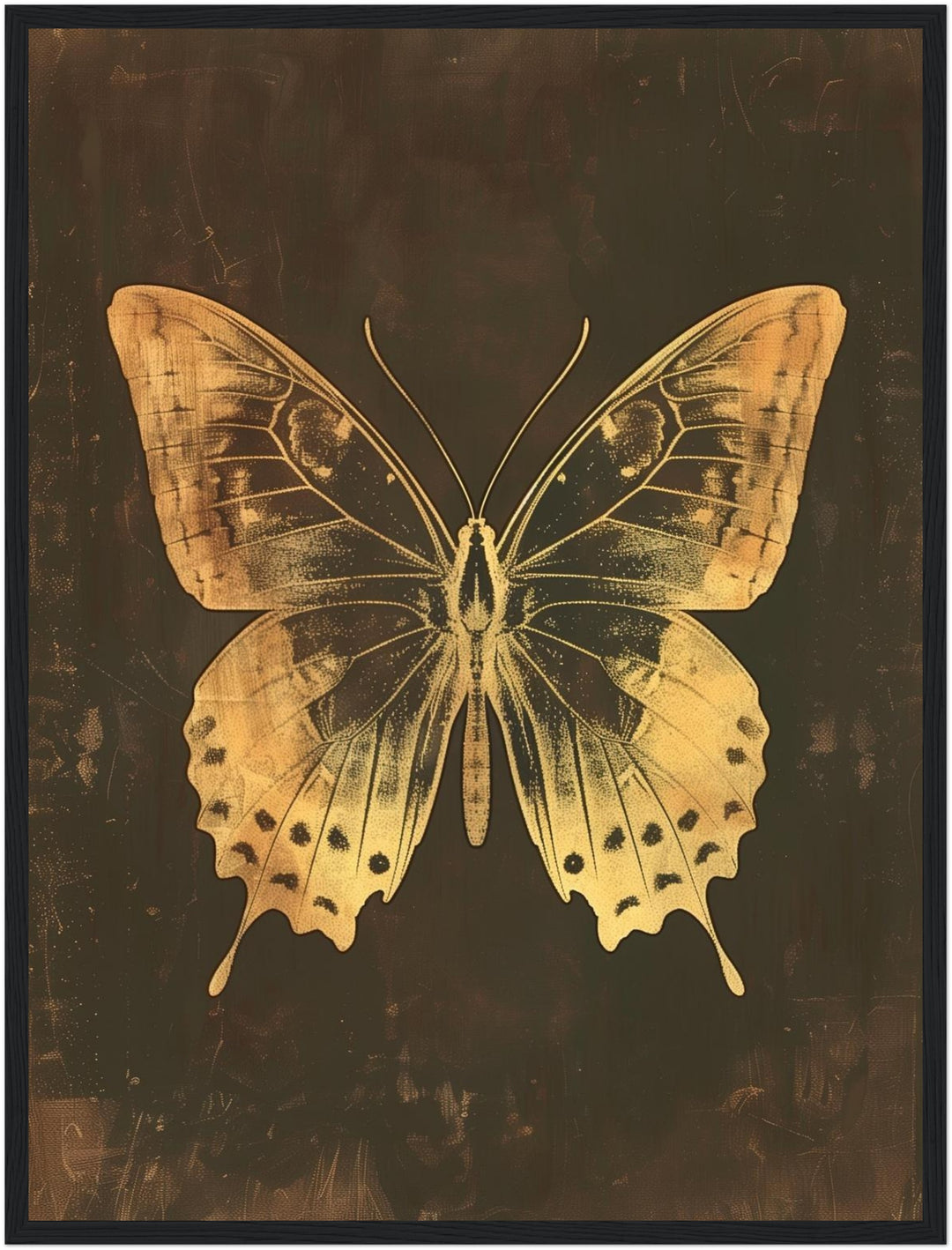 Goldener Schmetterling Vintage Poster – Schwarzer Rahmen – Produktfoto