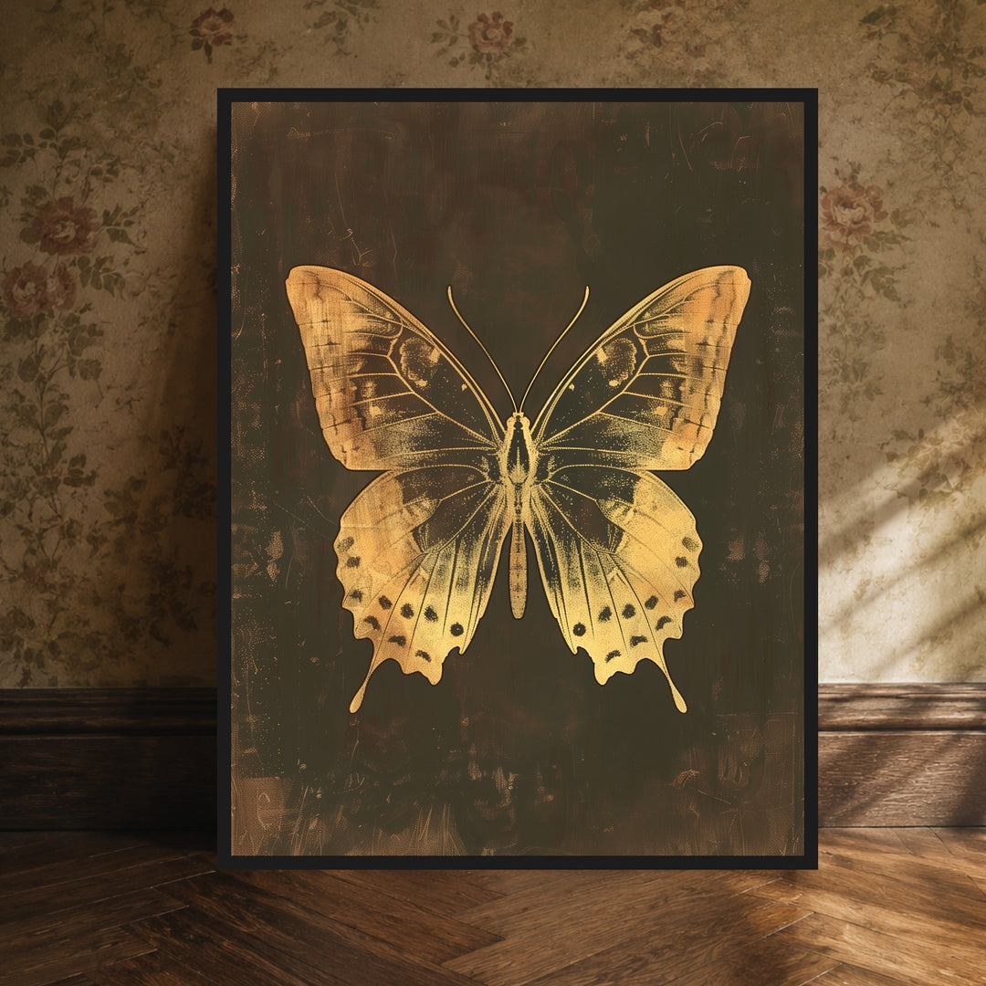 Goldener Schmetterling Vintage Poster – Schwarzer Rahmen – Produktfoto