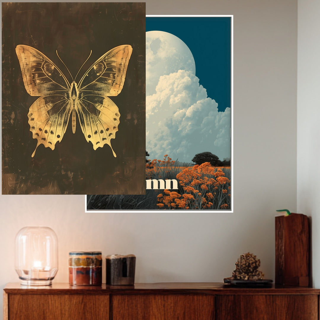 Goldener Schmetterling Vintage Poster – Weißer Rahmen – Produktfoto