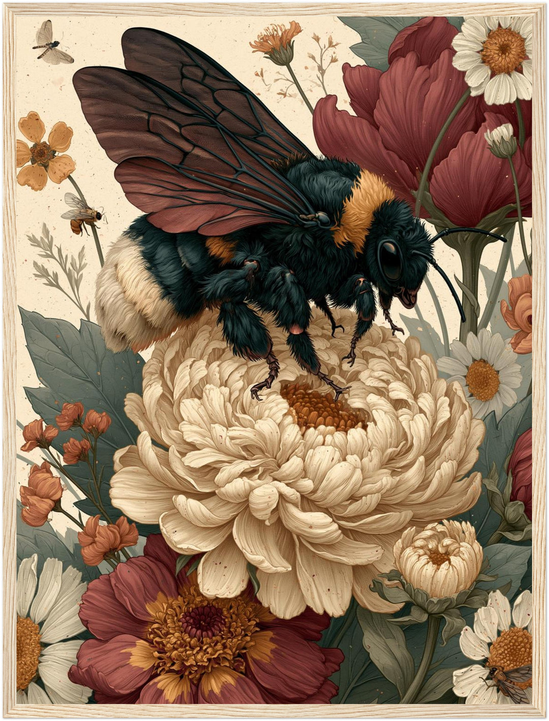 Hummel im Blütenmeer Poster – Holz natur Rahmen – Produktfoto