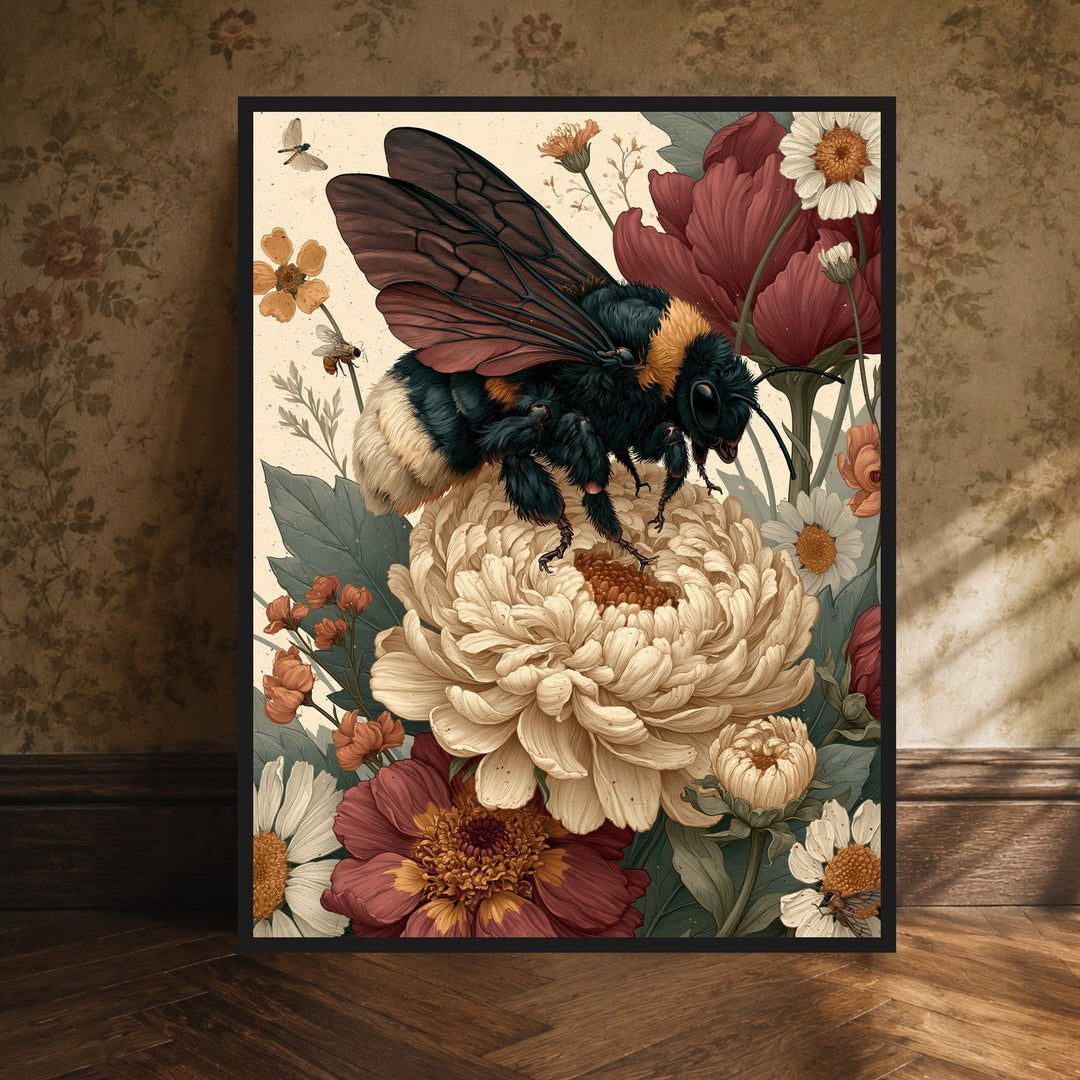 Hummel im Blütenmeer Poster – Schwarzer Rahmen – Produktfoto