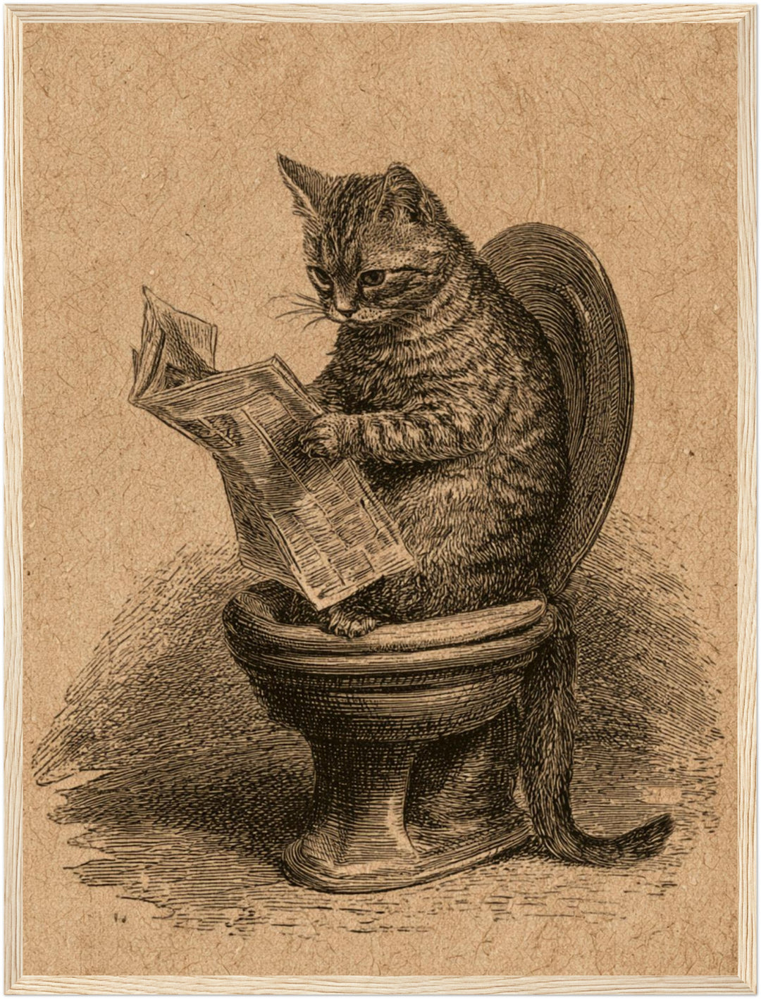 Katze liest Zeitung Poster – Holz natur Rahmen – Produktfoto