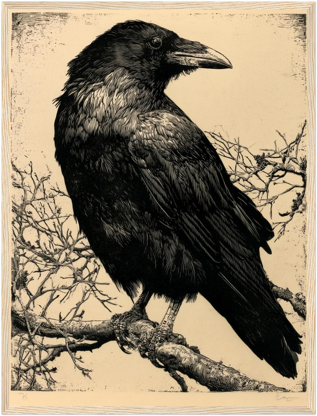 Schwarzer Rabe auf Ast Poster – Holz natur Rahmen – Produktfoto