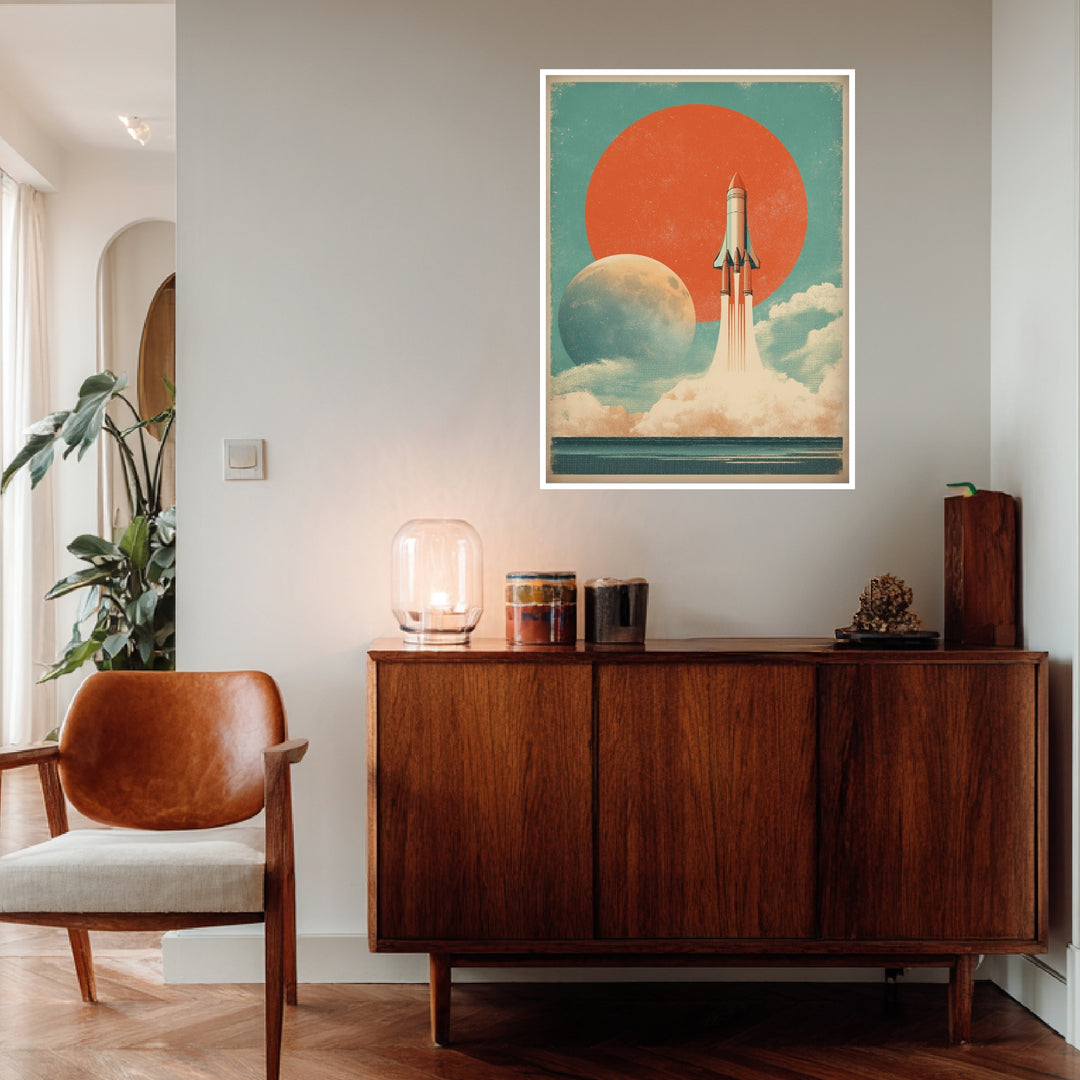 Rakete vor Planeten Poster Vintage – mattes Kunstdruck-Papier – Ansicht 4