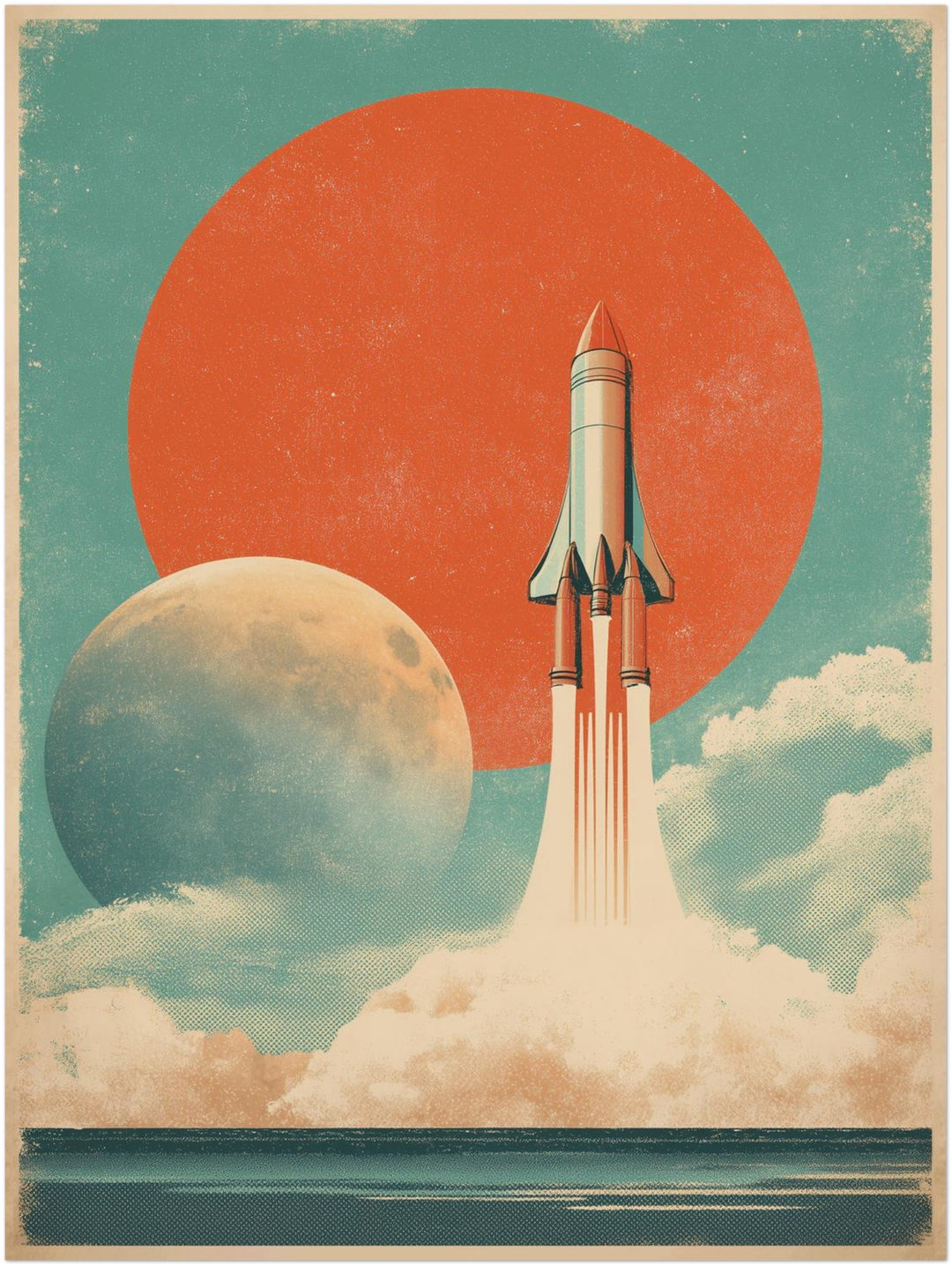 Rakete vor Planeten Vintage – Wandkunst