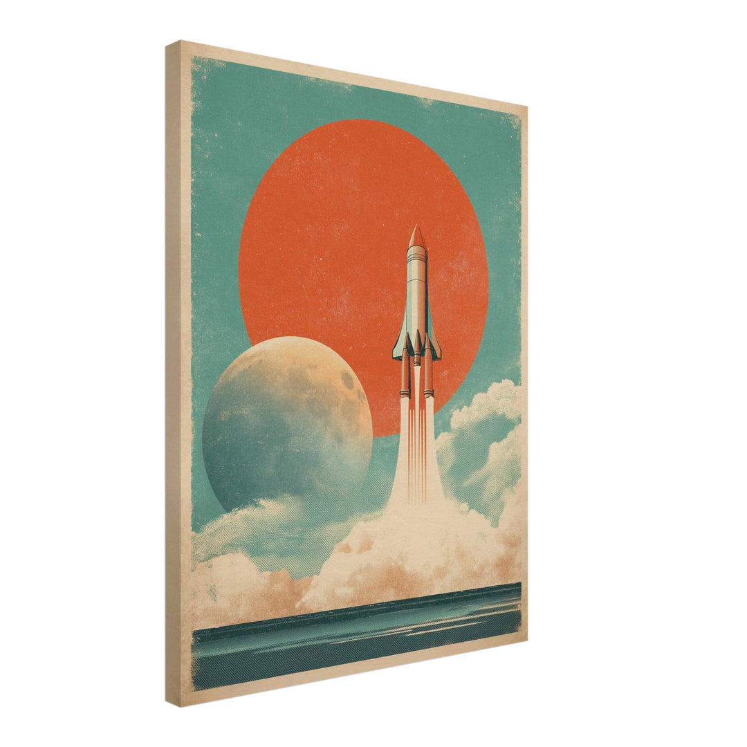 Rakete vor Planeten Leinwandbild Vintage – Leinwand auf Holzrahmen – Ansicht 2