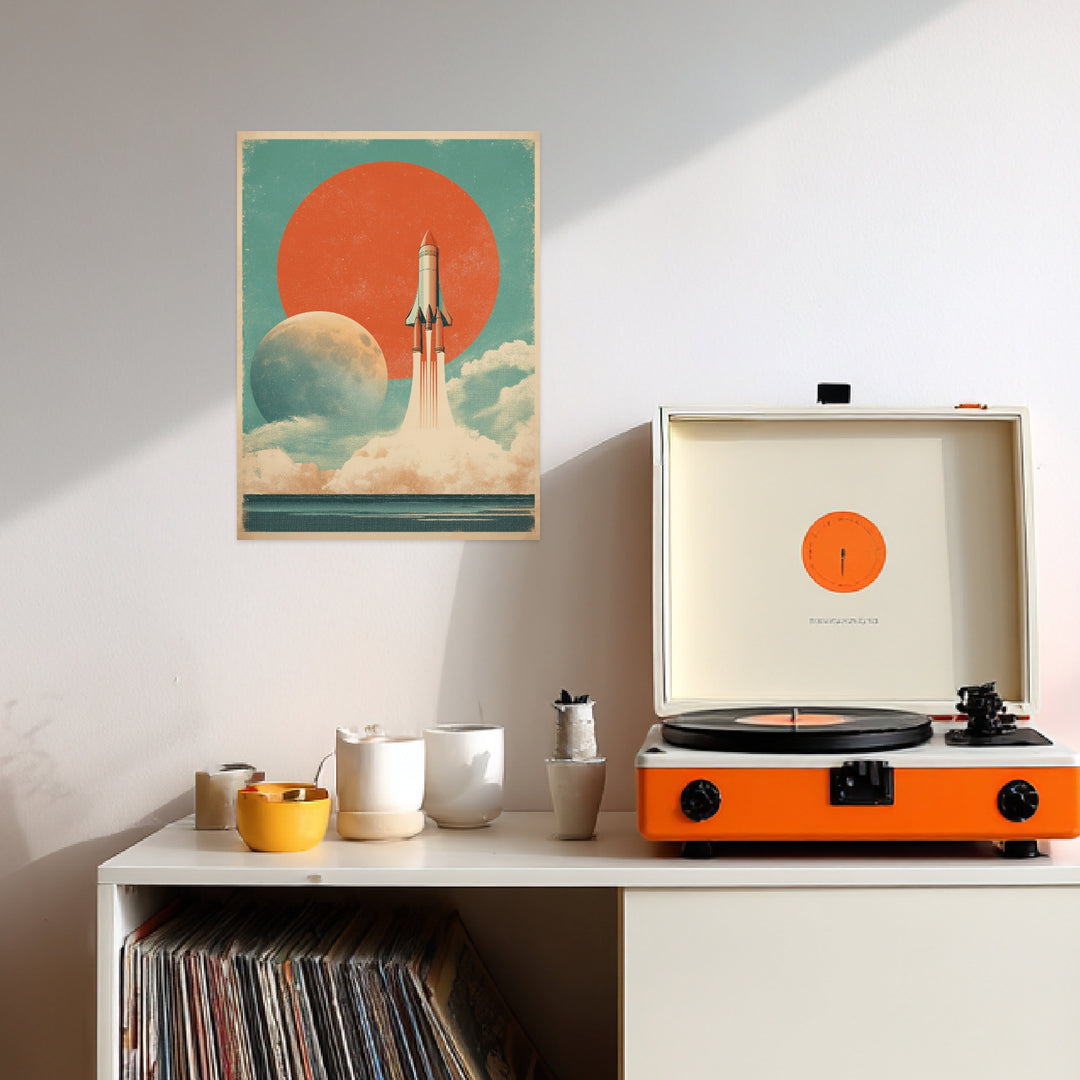 Rakete vor Planeten Leinwandbild Vintage – Leinwand auf Holzrahmen – Ansicht 3