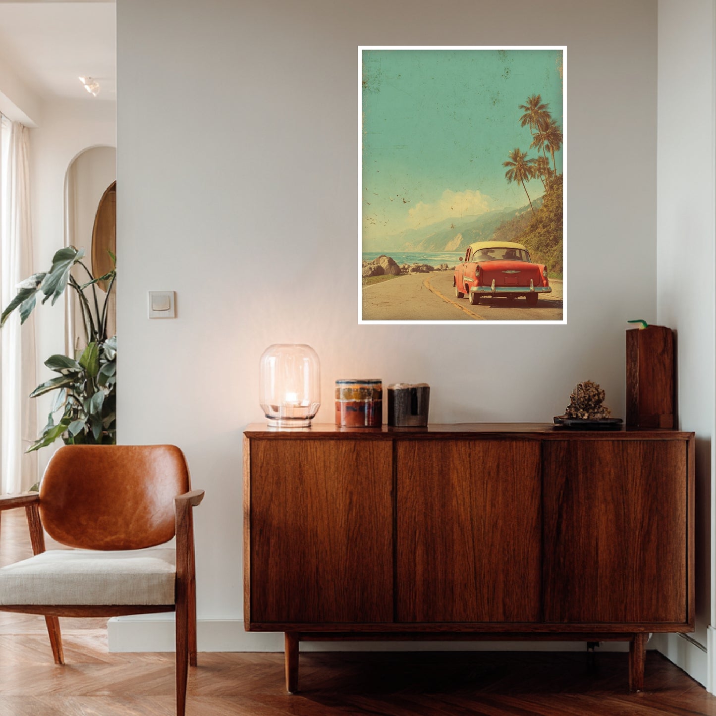 Rotes Auto an Küstenstraße Poster